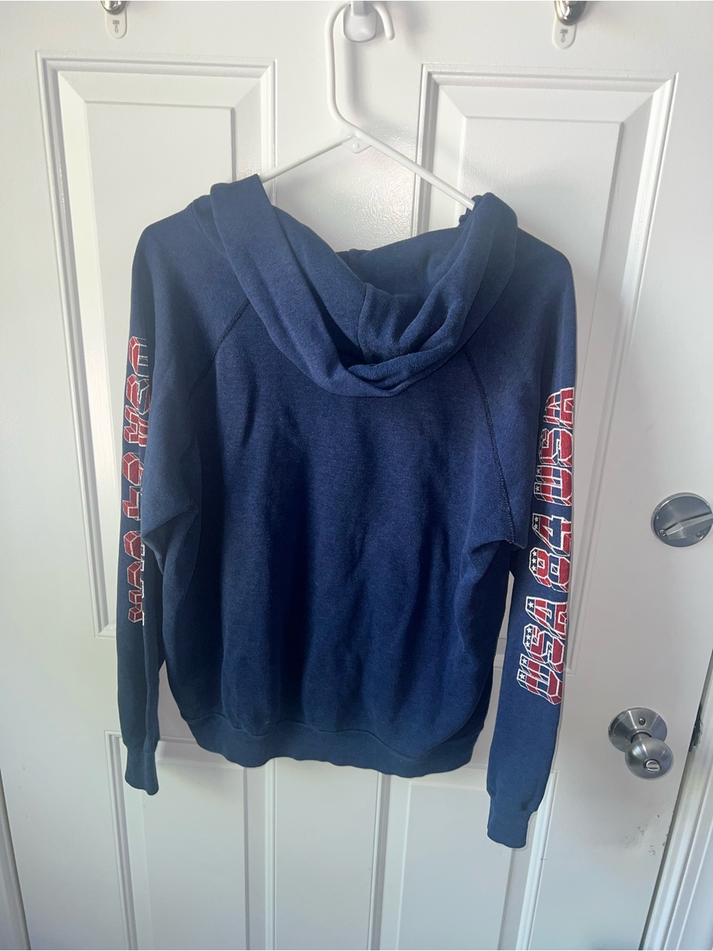 Vintage Navy V-Neck Hoodie Sweater with USA Chest Graphic - Picture 2 of 4